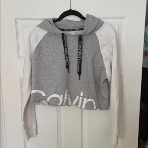 Calvin Klein Women's Gray and White Cropped Hoodie
